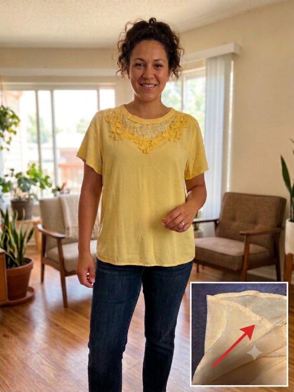 Millenium Yellow Lace Crochet Neck Short Sleeve Blouse Top Womens Large L Flawed